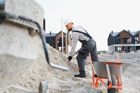Construction worker shoveling sand into a wheelbarrow on a building site. New townhouses are visible in the backgroundの写真素材