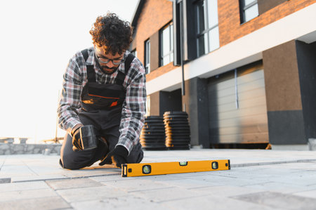 Man laying paving stones for a patio or driveway in front of a modern house, ensuring a perfect...