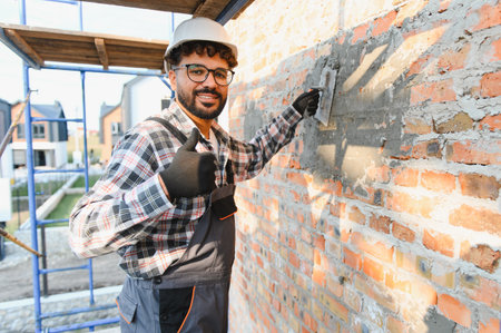 Happy construction worker applying plaster to a brick wall, wearing hard hat and showing an approval...