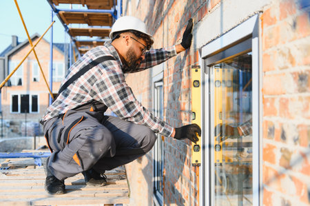 Constructor checking window frame with a level tool on a new brick building site. Safety and...