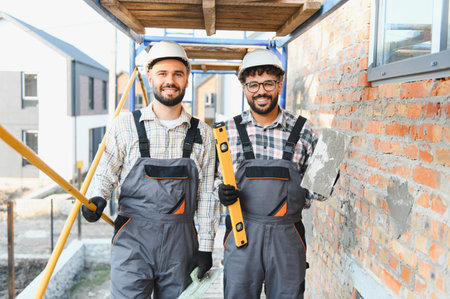 Two smiling male construction workers wearing hard hats and overalls, holding a trowel and a level, standing on scaffoldingの写真素材