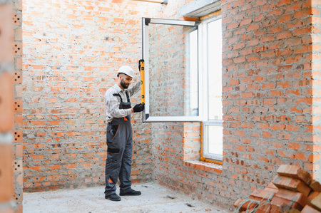 Construction worker checking level of new window frame installation in a brick wall. Building and...
