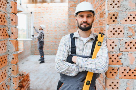 Bearded construction worker in safety helmet standing with a spirit level, overseeing a building...