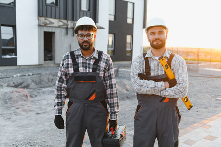 Two confident construction workers in safety gear and uniforms pose at a modern residential building site, smiling and ready for workの写真素材