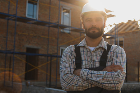 Young man wearing hard hat and overalls, standing confidently with arms crossed, working at a...
