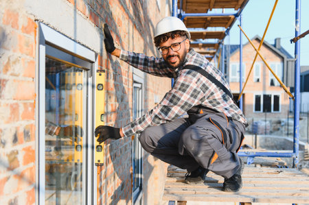 Skilled construction worker in a hard hat installing a new window on a brick wall, ensuring...