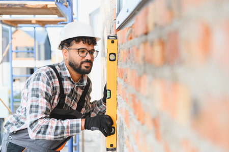 Professional construction worker wearing hard hat and safety glasses checking the vertical alignment...