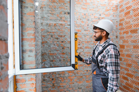 Worker checking the level of a newly installed window frame in a brick wall opening during home renovationの写真素材