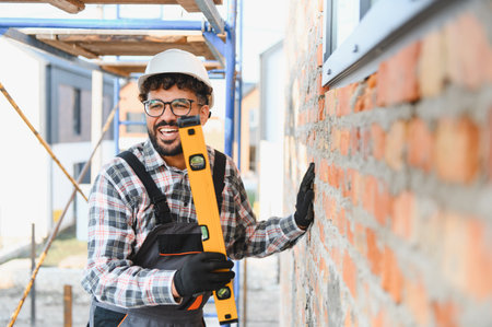Man in hard hat and overalls smiling while checking the plumb of a brick wall during construction workの写真素材