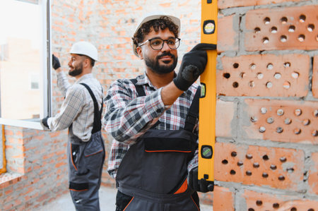Construction workers performing precision work on a building site, one installing a window, the...