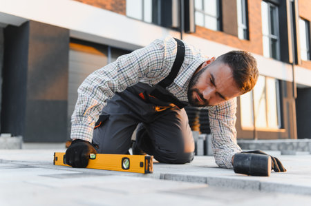 Paving specialist ensuring flatness and quality on an outdoor construction site, measuring with a...