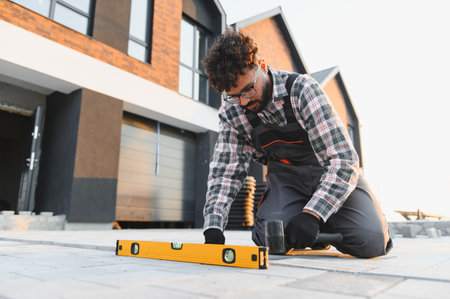 Man installing paving slabs in residential area, using a rubber hammer and spirit level for precise...