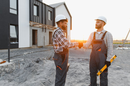 Two construction workers in hard hats and overalls shaking hands at a new house construction site,...