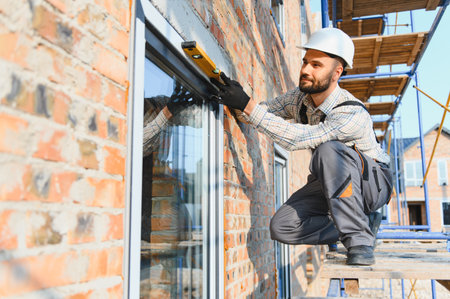 Construction worker using a level to check window frame alignment on new brick home facade at a...