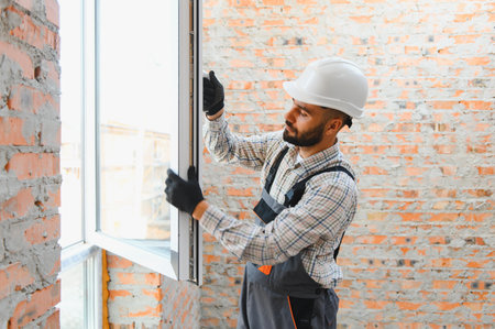 Skilled worker wearing hard hat and gloves performing window installation during building renovation, demonstrating home improvementの写真素材