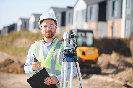 Male construction worker wearing a hard hat and safety vest, holding a radio and clipboard, standing...