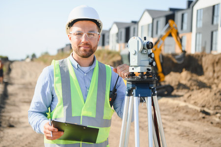Engineer working on construction site, wearing hard hat and safety vest, holding clipboard and...