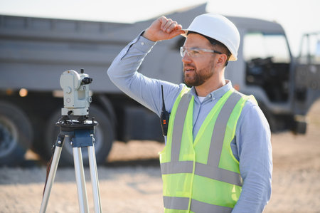 Engineer man in hard hat and safety vest standing near surveying equipment, looking away on a...
