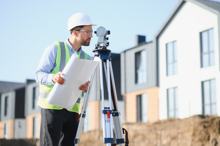 Engineer working on a building project, measuring and planning with surveying equipment and...