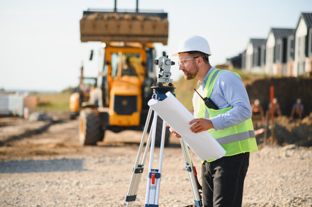 Engineer wearing hard hat and safety vest, calculating measurements with a total station and holding...