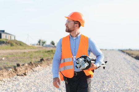 Engineer man inspecting roadwork progress, carrying professional surveying equipment, wearing safety...