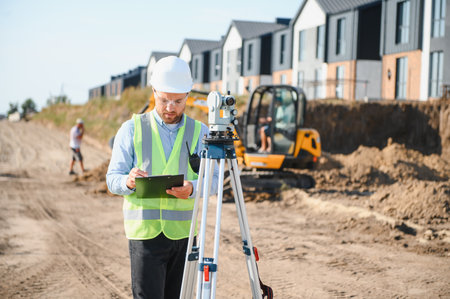 Surveyor wearing a hard hat and safety vest performing land surveying with a theodolite at a...