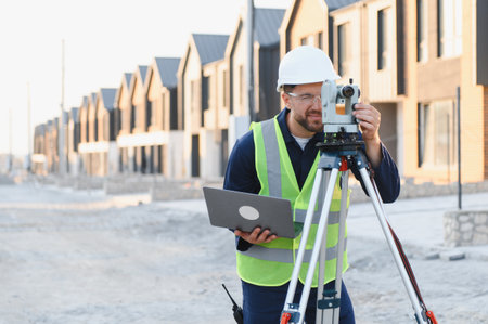 Engineer working on construction site, measuring land for new residential buildings, focusing on...