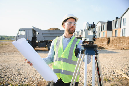 Surveyor man holding a blueprint and working with a theodolite on a new housing development...