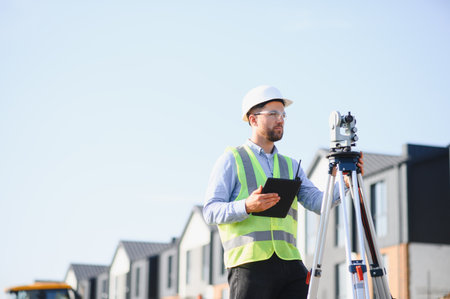 Engineer working at a housing development, using a total station for land surveying and marking new...