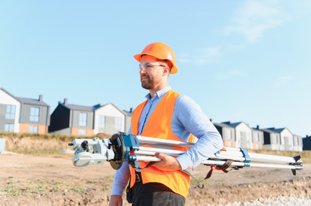Surveyor holding land surveying equipment, wearing a hard hat and safety vest at a new housing...
