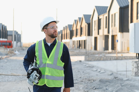 Engineer wearing hard hat and safety vest, carrying surveying equipment, overseeing progress at a...