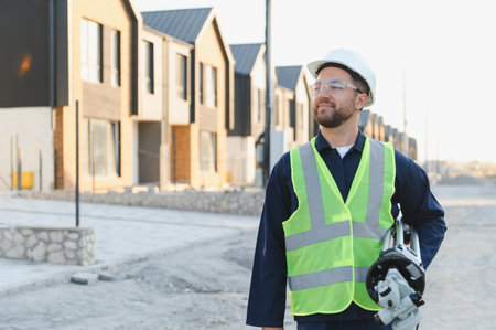 Construction worker wearing hard hat, safety vest and glasses, holding equipment, standing at a new...