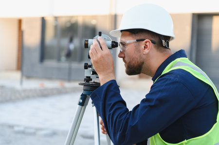 Young man surveyor working with an optical level on a new building construction site, wearing safety...