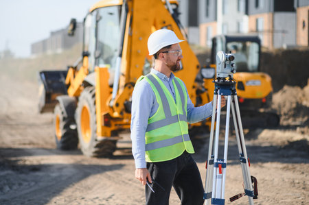 Engineer wearing hard hat and safety vest standing with surveying equipment, working on a new development projectの写真素材