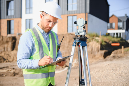 Engineer working at building site, planning new housing project. Man wearing safety vest, hard hat, and protective glassesの写真素材
