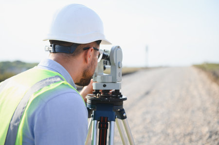 Engineer professional working on new road survey, looking through measuring equipment to ensure accurate topographyの写真素材