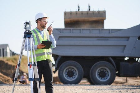 Engineer wearing safety vest and hard hat, holding a tablet and communicating on a walkie talkie...