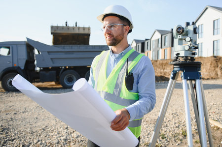Engineer wearing hard hat and safety vest holding blueprints, observing development on a new...
