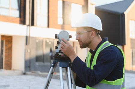 Professional surveyor working with a theodolite, ensuring accuracy and precision in architectural...