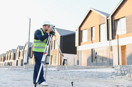 Surveyor using a total station on a tripod, measuring and mapping a new residential housing...
