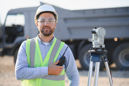 Geodetic engineer standing near total station surveying new building area, holding a walkie talkie for communicationの写真素材