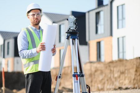 Male engineer wearing safety vest and hard hat holding construction plans at a building site with survey equipmentの写真素材