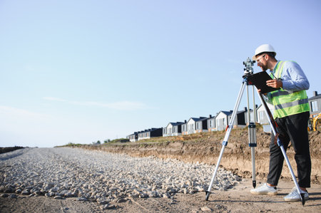 Civil engineer using a theodolite for land surveying, measuring plots and marking reference points...