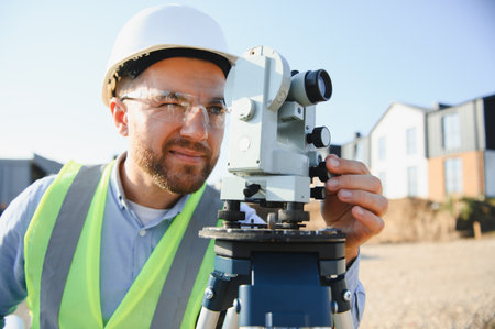 Engineer using a theodolite for precise land surveying and measuring during the building process of new homesの写真素材
