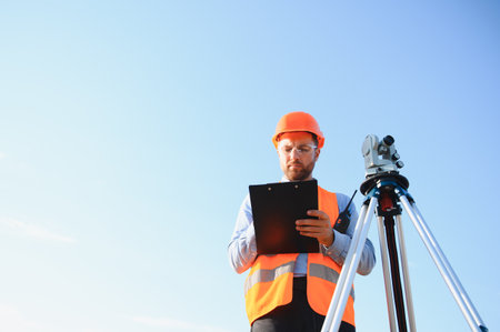 Professional surveyor man wearing safety vest, hard hat, and safety glasses, recording data on a clipboard next to a total stationの写真素材