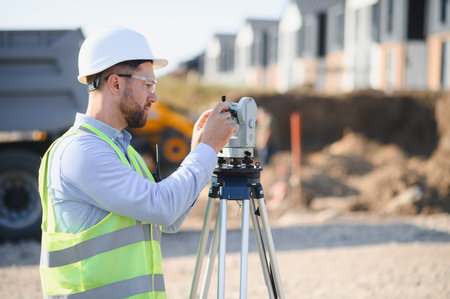Engineer wearing safety equipment using a total station for land surveying and marking measurements...