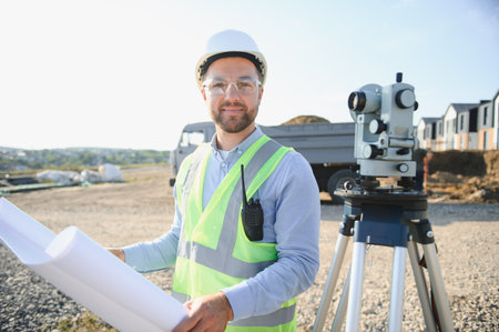Professional surveyor working on a construction site, holding rolled blueprints and smiling, with a total station nearbyの写真素材