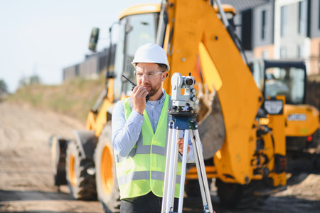 Male surveyor wearing hard hat and safety vest, using walkie talkie near a total station and heavy...