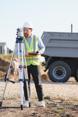 Male surveyor wearing safety vest and hard hat operating a theodolite while holding a tablet at a...