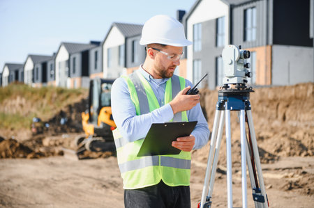 Male surveyor wearing hard hat and safety vest, checking data on a clipboard and using a walkie...